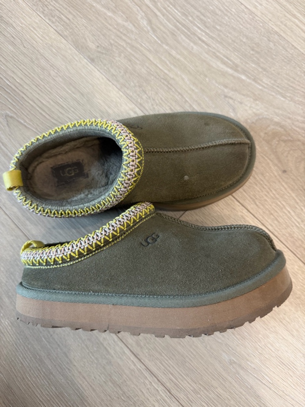 UGG Tazz Burnt Olive Suede Slip-On Cozy Clog with Yellow Trim